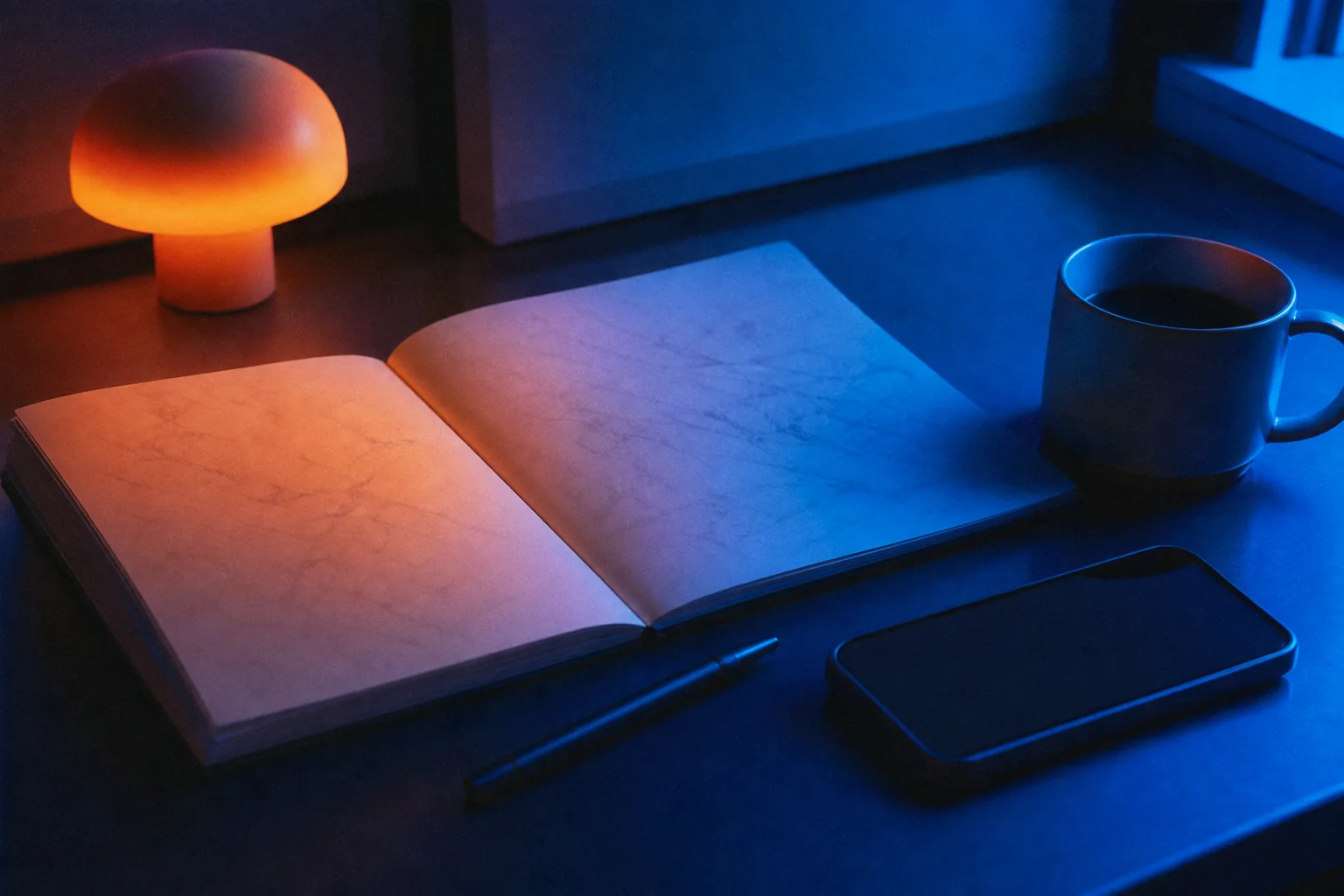 Notebook, coffee and phone on a blue-lit desk