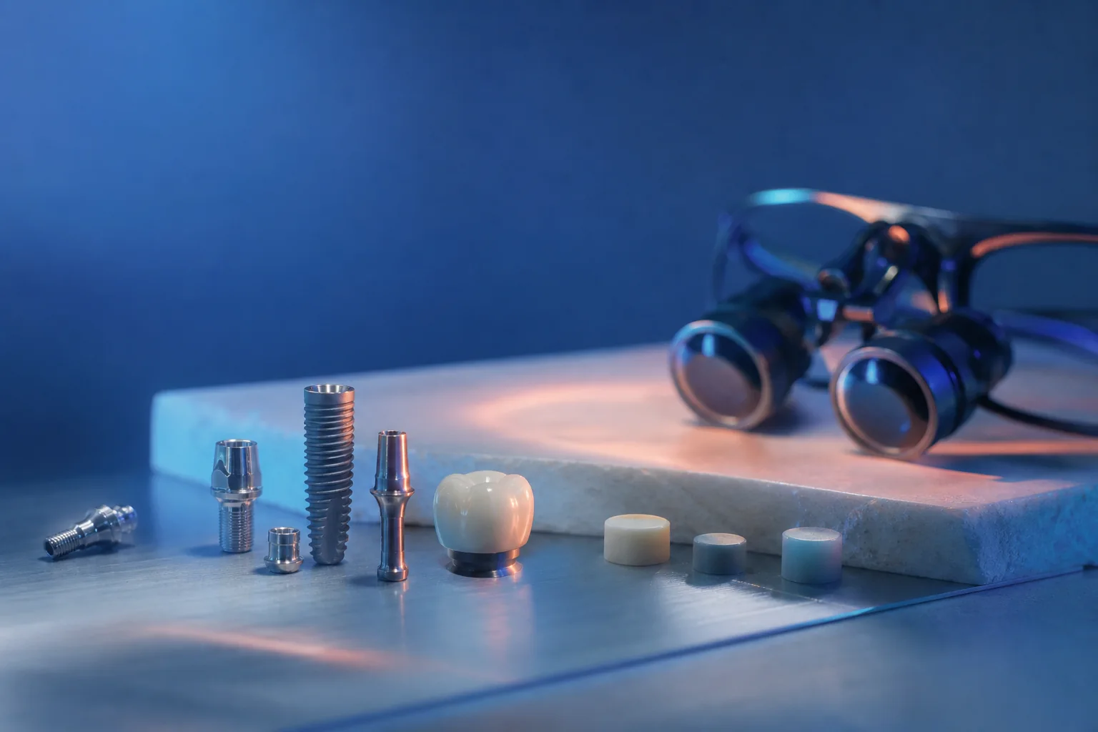 Dental implant components and ceramic crown in a blue-lit studio