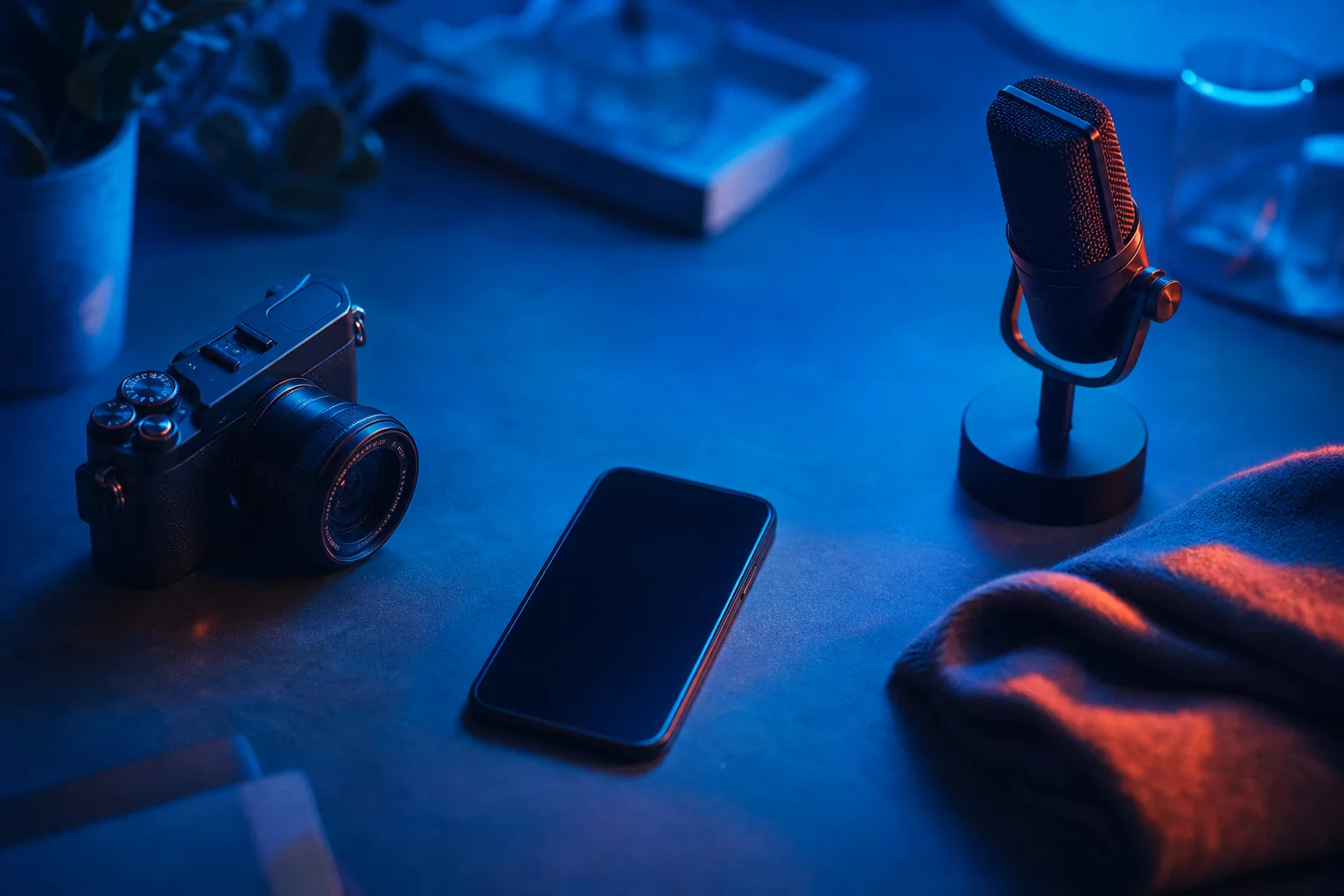 Camera, smartphone and microphone on a blue-lit creator desk