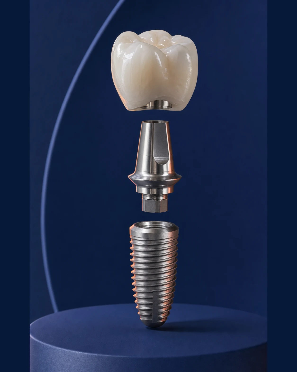 Exploded dental implant system rendered for a product catalog